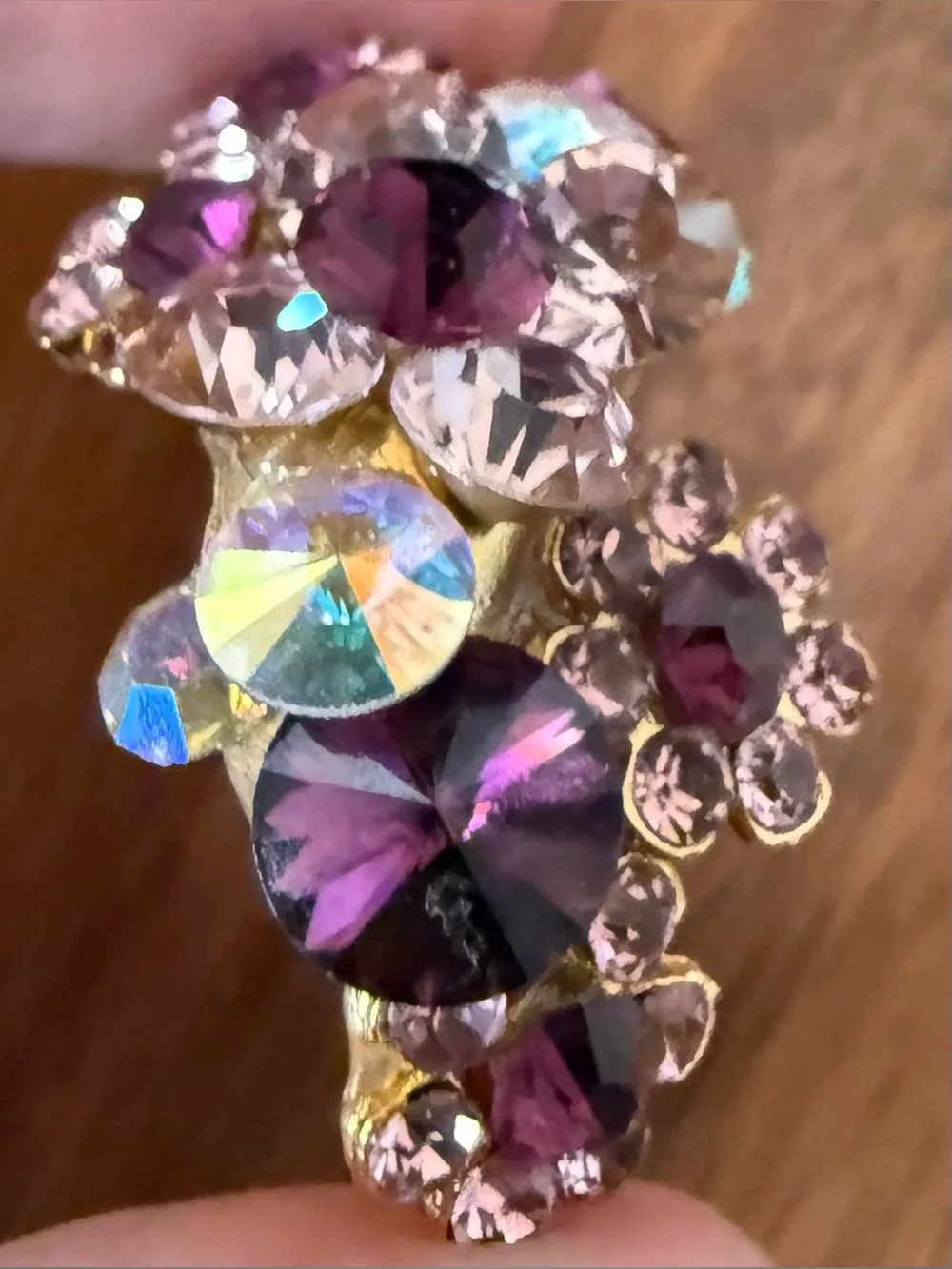 Vintage Gold-Tone Clip-On Earrings with Purple Aurora Borealis AB Rhinestone